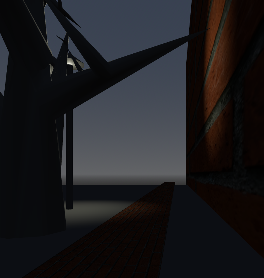 Screenshot of an 'in progress' Godot scene, stretched brick texture path next to oversized brick wall, dim lighting with most light coming from a rough lamp post mockup, and a rough tree mockup between the viewer and the lamp