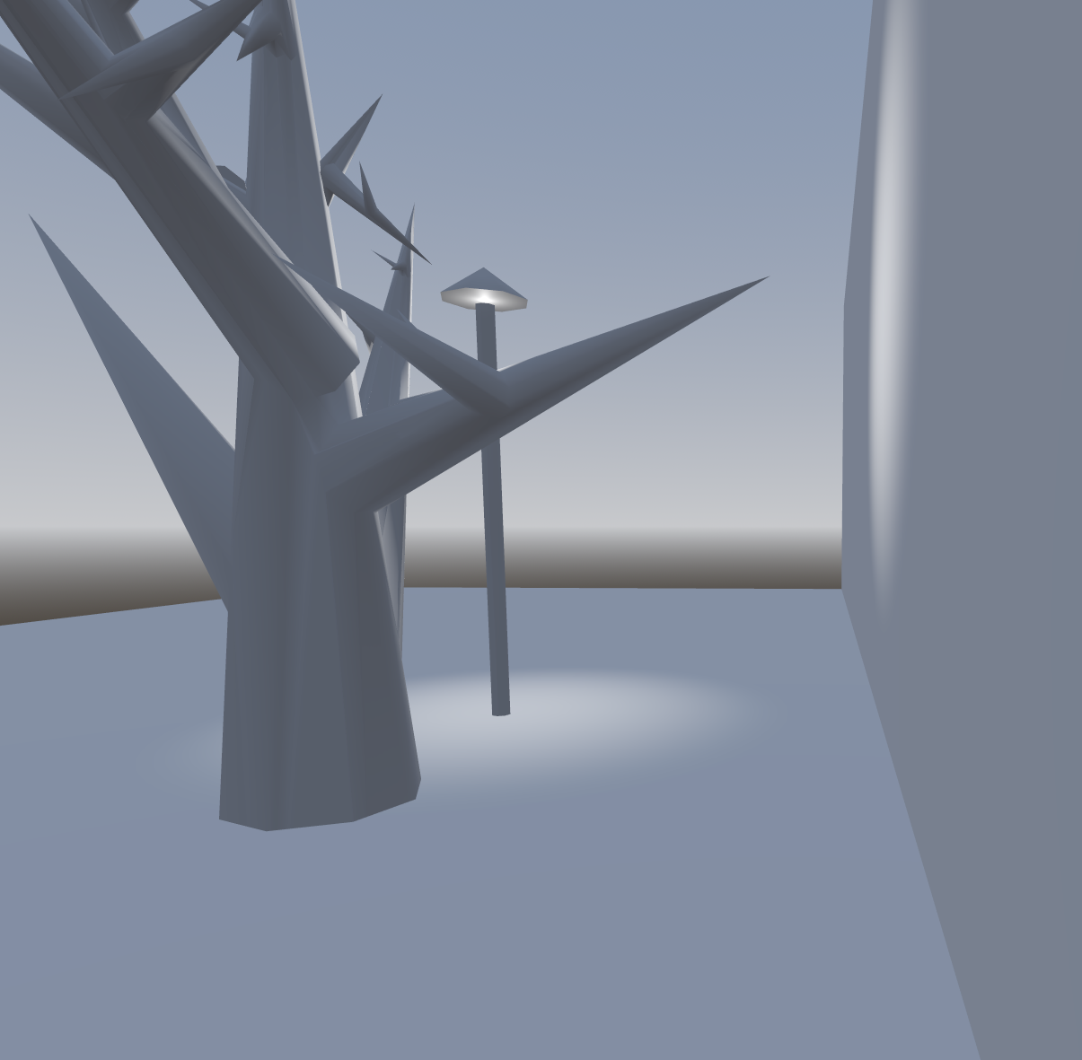 A very basic tree, made out of cones, next to a very basic lamppost. In what can only be called an abstract representation of the literal objects tree and lampody. All in a dull white next to a white wall and floor.