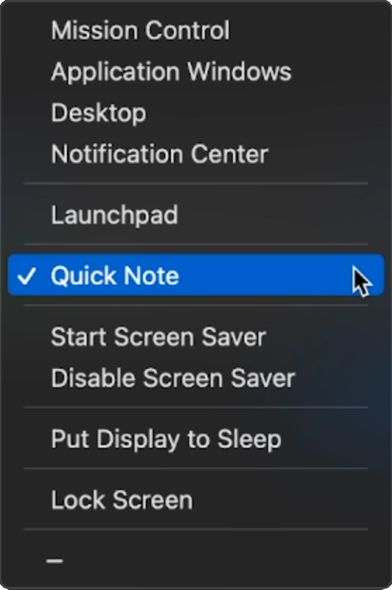 Screenshot of the (rather limited) Hot Corner Shortcut options